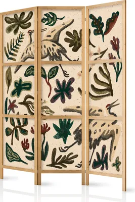 Produktbild von Paravent 135x172 cm 3-teilig einseitig eleganter Sichtschutz Raumteiler Trennwand Raumtrenner Holz Design Motiv Deko Home Office Botanik Abstrakt Natur b-A-10439-bh-a