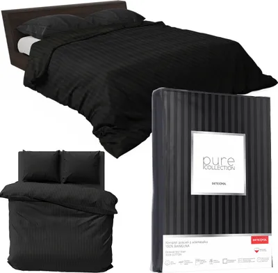 A black striped satin bedding set is displayed on a bed, with a packaged set shown separately.