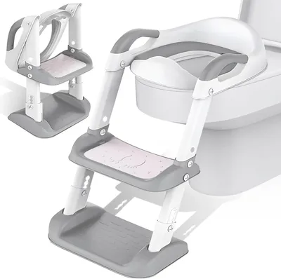 Produktbild von NCKIHRKK Toilettensitz Kinder mit Treppe, Toilettenaufsatz Kinder WC Sitz Toilette, Faltbarer Klositz für Kinder mit Gepolstertem Sitz, Höhenverstellbar, Toiletten für Kinder ab 1-7 Jahre, Grau