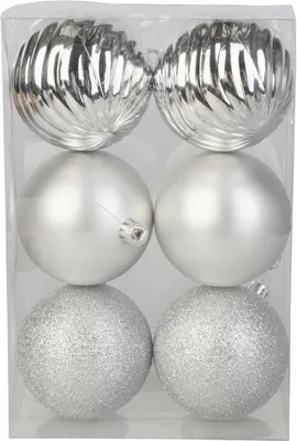 A set of six silver Christmas ornaments in a clear plastic box.
