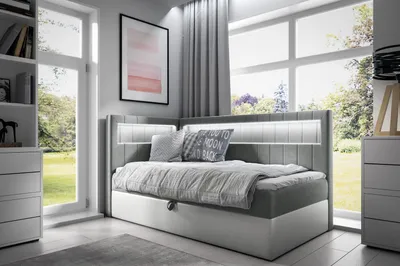 Produktbild von Einzelbett 100x200 KISHA 3 – grau/weiß, links zu öffnen + GRATIS Matratzenauflage
