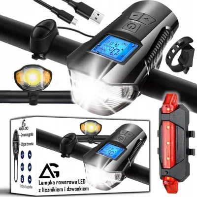 Zdjęcie produktu dla Lampka Rowerowa Przednia Tylna Led Z Licznikiem Usb Licznik Dzwonek Klakson