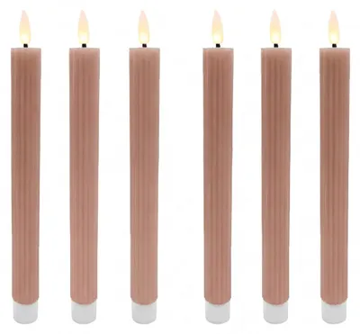 Obrázok produktu pre Relaxdays LED tyčové sviečky, sada 6 ks, V x H: 25 x 2 cm, blikajúci plameň, pravý vosk, s drážkami, sviečky bez plameňa, staroružová