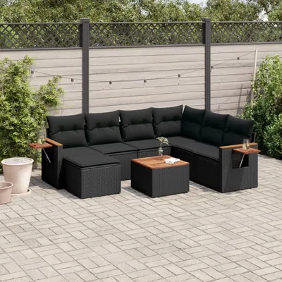 Produktbild von Design 8-tlg. Garten-Sofagarnitur mit Kissen Schwarz Poly Rattan, Gartenmöbel-Sets 2024 Neu