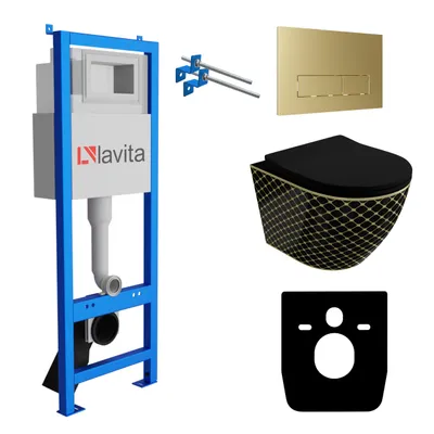 Produktbild von Lavita LAV 101 Vorwandelement für WC 40cm + Wand Hänge Tiefspül WC SOFI SLIM BLACK NIGHT Spülrandlos + Bedienplatte LAV 200.3.5 Gold | Komplettset | Unterputz Spülkasten | Toilette Komplett Sett