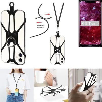 Produktbild von K-S-Trade 3in1 Handykette Handyband Handykordel Halsband Smartphone-Ring Handy-Ring kompatibel mit Nokia 8.1 Fingerhalterung Handyring Tischständer
