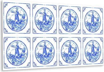 Obrázek produktu pro Větrný Mlýn Ve Stylu Azulejos – Samolepicí Obklady na Zeď – PVC Nástěnné Panely – Vinylové Samolepicí Dlaždice – 3D Obklady Bez Vrtání – Nalepovací Tapety do Kuchyně a Koupelny – Samolepicí Fólie na Dlaždice – 100x50 cm