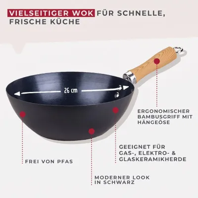 Produktbild von Fackelmann Antihaft-Wokpfanne Ø 26 cm Kohlenstoffstahl, ergonomischer Bambusgriff Ideal für asiatische Gerichte, leicht & robust