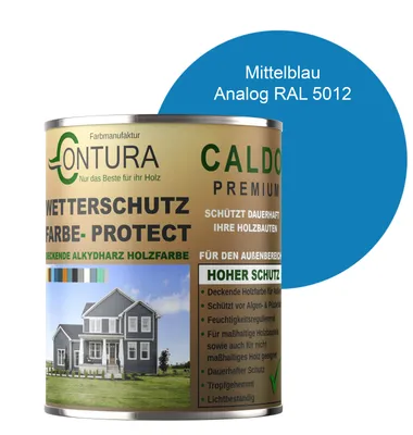 Produktbild von Contura 1Liter Wetterschutzfarbe Holz Dauerschutzfarbe Deckend Buntlack Holzfarbe Holzlasur Seidenmatt - Mittelblau - RAL 5012 Analog