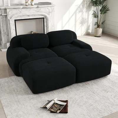 Produktbild von 2-Sitzer-Sofa aus Cord, modulares Bodenschlafsofa, Ecksofa, rahmenlose Sofas mit geschwungenen Armlehnen und rutschfester Unterseite, Schwarz