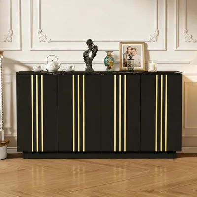 Image de Buffet de salon 35 x 140 x 70 cm Noir et or Ensemble de salon Commode Ensemble de salon Meuble de rangement en aggloméré Buffet à 4 portes Lignes dorées