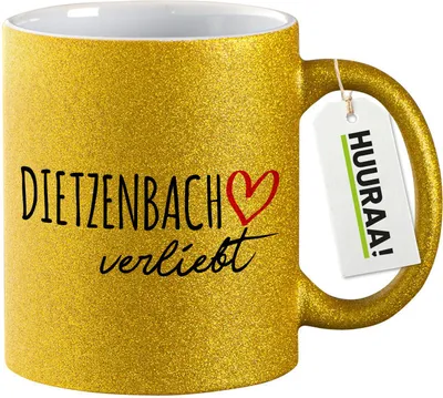 Produktbild von Huuraa Glitzertasse Dietzenbach verliebt 330ml Gold Keramik Kaffeebecher Geschenkidee