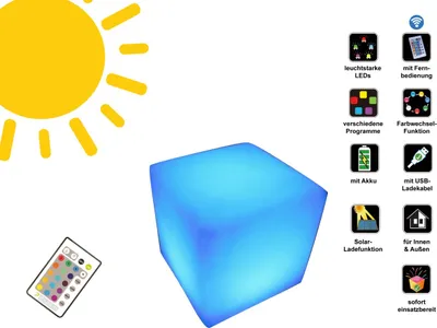 Produktbild von LED Solar Cube 30cm / Solar Leuchtwürfel mit optionaler USB Ladung, inkl. Fernbedienung