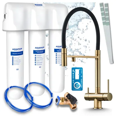 Image de Robinet de cuisine Ari 3 voies, modèle Highflex, en laiton, avec douchette extractible. Livré avec un système de filtration d'eau Aquaphor Kristall A