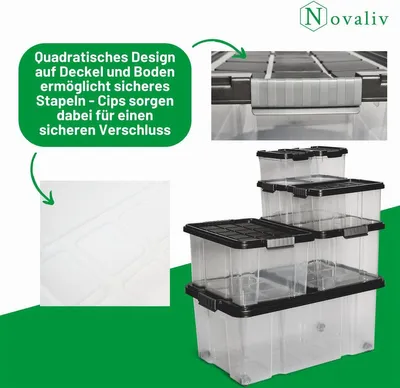 Image de Novaliv 2x boîtes de rangement avec couvercle 5L Anthracite Boîtes de rangement empilables Nestbar avec fermeture à clip plastique BPA-free 30 x 19 x 14 cm
