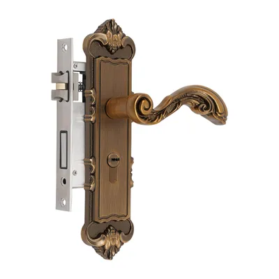 A vintage-style door handle set with a lock mechanism, shown against a white background.