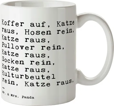 Produktbild von Mr. & Mrs. Panda Kaffeetasse Koffer auf, Katze raus,... - Weiß - Geschenk, Herrchen, Keramiktasse, Spruch Geschenke, lustig, Kaffeebecher, milchtasse, Reise, Trinkbecher