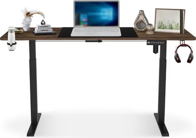 Obrázok produktu pre TRMLBE Výškovo nastaviteľný písací stôl 120 x 60 cm Herný stôl s nabíjacím portom typu C, držiakom na nápoje a držiakom na slúchadlá Elektricky nastaviteľný kancelársky stôl, hnedý