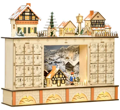 Produktbild von Adventskalender aus Holz mit 24 Schubladen zum Befš¹llen, Weihnachtsdorf-Dekorationen und Lichterkette, 44 x 10 x 37 cm