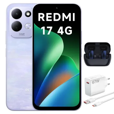 Immagine prodotto di Smartphone Xiaomi REDMI 17 4G, 4GB di RAM, 256GB di memoria, colore viola, display da 6,9 pollici, batteria da 7500mAh, con caricabatterie da 67W e cuffie Bluetooth