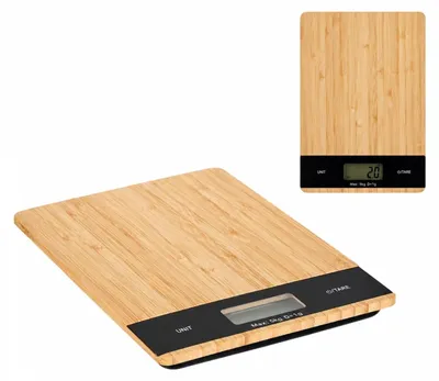 Productafbeelding van Digitale bamboe keukenweegschaal - Elektronische weegschaal - Capaciteit: 5 kg - Nauwkeurigheid: 1 gram - LCD-display - Tare-functie - Afmetingen: 21,6 x 15 x 2 cm