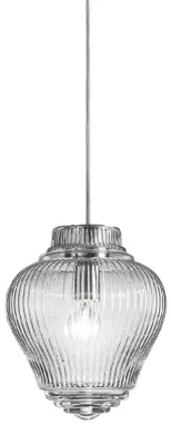 Imagen del producto de La lámpara colgante Clyde está fabricada con vidrio transparente soplado a mano y presenta un acabado "rigadin". Tiene una estructura metálica de color gris, una altura de 315 cm, un casquillo E27 y una potencia de 70 W