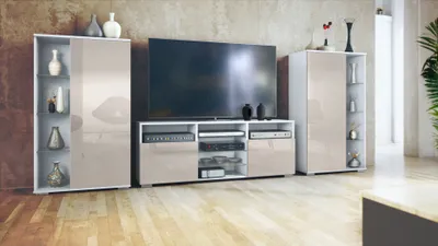 Produktbild von Vladon Wohnwand Davos, Anbauwand bestehend aus 2 Vitrinen und 1 TV-Board, Weiß matt/Sandgrau Hochglanz (329 x 134 x 35 cm)