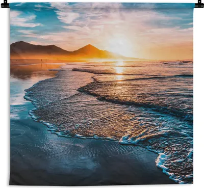 Produktbild von MuchoWow® Wandteppich Wandbehang Sonnenuntergang - Meer - Berg - Horizont - Landschaft - Blau 150x150 cm Tapisserie Dekoration Wandtuch - Wohnaccessoires - Modernes