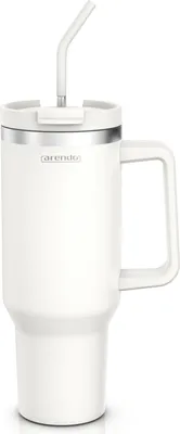 Immagine prodotto di Arendo tazza isolata, tazza termica, tumbler, tazza riutilizzabile, 1200 ml, acciaio inox a doppia parete, coperchio ermetico, con manico, cannuccia per bere, senza BPA, mantiene il calore per 6 ore e il freddo per 12 ore, bianco