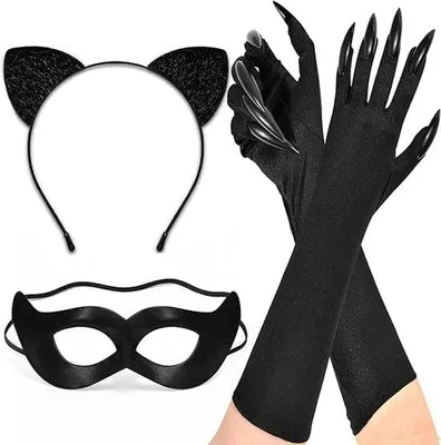 Produktbild von Damen-Katzenkostüm, 3-teiliges Katzenkostüm, Accessoireset, Katzenohren, Haarreif, Katzenmaske, Handschuhe, Katzenkostüm für Damen, Catwoman-Kostüm, ideal für Halloween und Rollenspiele