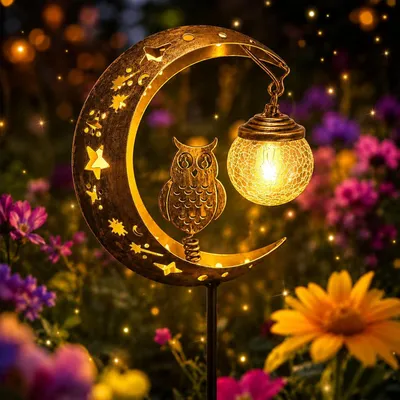 Produktbild von Eule Garten Deko Solar, dekorativer Gartenstecker mit Mond-Design, Solarleuchte für Außenbereich, Rasen, Terrasse und Blumenbeet, IP55 wetterfest
