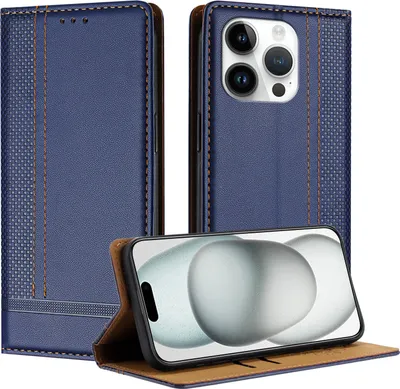 Produktbild von Handyhülle für iPhone 15 Pro Leder Flip Klappbare Schutzhülle mit Standfunktion Blau