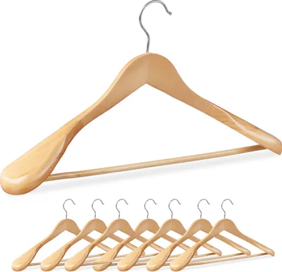 Immagine prodotto di Relaxdays - Set di 8 grucce per abiti, spalle larghe, barra per pantaloni, per giacche, camicie e pantaloni, grucce in legno, colore naturale
