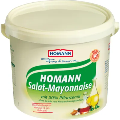 Verpackungsbild Homann Salat Mayonnaise mit 50 Prozent Pflanzenöl im Eimer 5000g