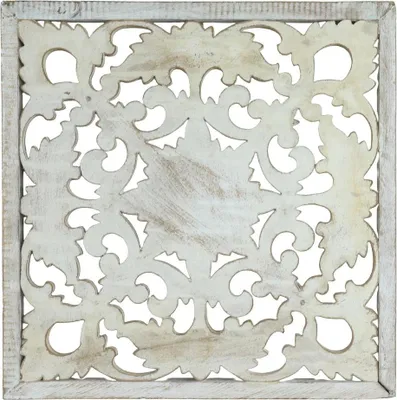 Produktbild von Wandbild Ornament Shabby Chic Symbol Mandala Relief Deko Holz Schnitzerei Weiß Antik ca. 44 x 44 cm