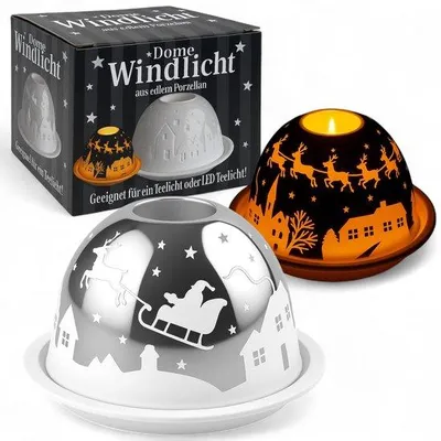 Produktbild von Teelichthalter mit 3D-Lichteffekt – Porzellan-Windlicht – Weihnachtsdeko – Durchmesser 12 cm – Festliches Design – Elegant für Advent/Weihnachten – Weihnachtslicht
