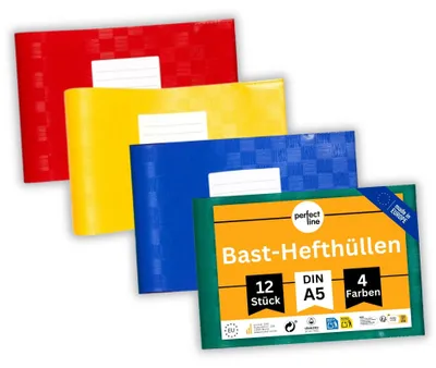 Produktbild von perfect line 12 Bast-Hefthüllen DIN A5 Querformat, 4 Farben - Heftumschlag mit Beschriftungsetikett, 100 my PP
