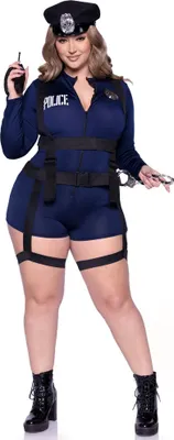 A woman wearing a police costume.