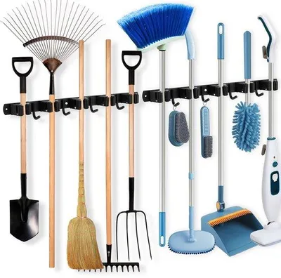 Produktbild von Unyqoos® Wandhalter für Besen & Gartengeräte – 5 Halter + 4 Haken, Edelstahl, rutschfeste Gummigriffe, 90 kg Tragkraft, klebend/geschraubt
