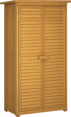 Image de Outsunny Armoire abri de jardin remise pour outils en bois sur pied 2 étagères toit bitumé incliné portes persiennes 87 x 47 x 160 cm naturel