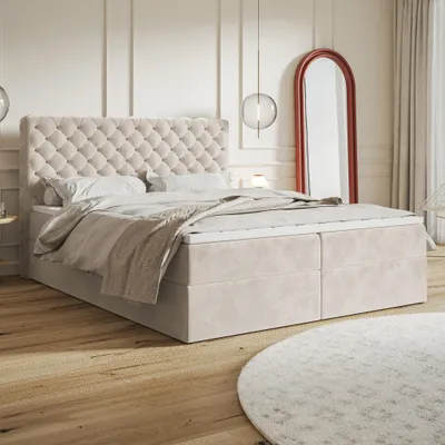 Produktbild von MOTIVENA Nero Chesterfield Boxspringbett 160x200 Beige Samt (Amor 04), Bonellfederkern-Matratze (H4), T28 Komfortschaumstoff Topper (H3)