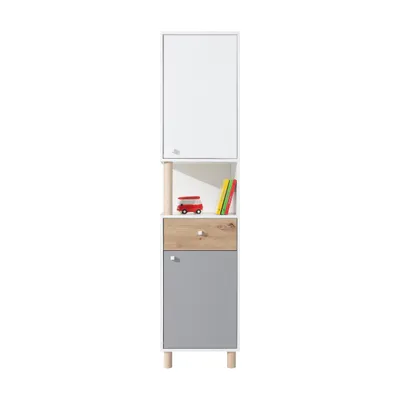 Produktbild von Bücherregal FIGO 45x190 cm Standregal mit 2 Türen und 1 Schublade, Bunt - Weiß/Eiche Artisan/Grau