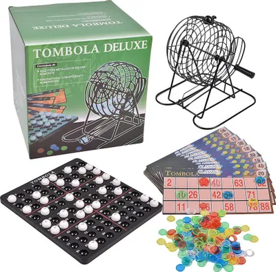 Produktbild von Tombola Bingo Spiel Set Deluxe mit großer Metall-Bingotrommel – 90 Kugeln 1–90, 40 Bingo Karten, Chips und Übersichtstafel – für 2 bis 18 Spieler, Kinder und Erwachsene – 18 x 18 x 19 cm