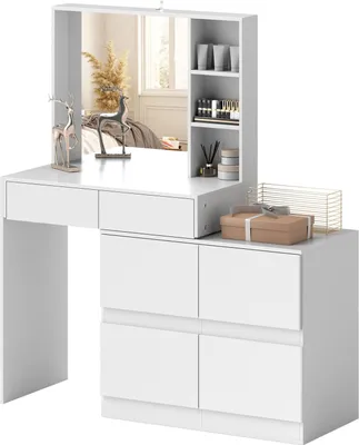 Image de Coiffeuse blanche avec miroir - 4 tiroirs et étagères
