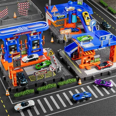 Obrázek produktu pro Hrací sada „Parkoviště 3 v 1“ včetně 6 autíček, s čerpací stanicí, myčkou aut, restaurací, hračka pro děti od 3 let, modrá