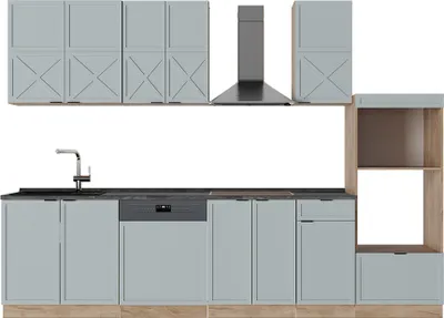 Image de Cuisine Vicco Fame-Line Bleu clair-gris/chêne force d'or 300cm avec armoire haute, PT Anthracite, Model 51186