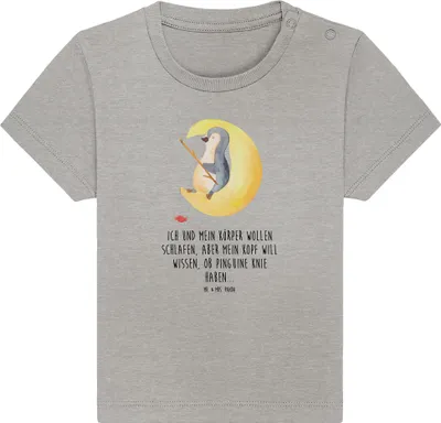 Produktbild von Mr. & Mrs. Panda Babyshirt Pinguin Mond 24. - 36. Monat - Heather Grey - Geschenk, Kinder T-Shirt, Kleinkind Shirt, Einschlafen, , Süßigkeiten, Baby, Organic, Spruch