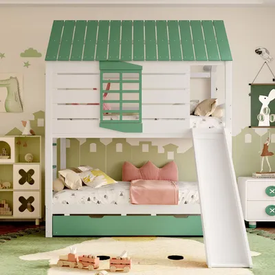 Immagine prodotto di okwish Letto a castello a forma di casetta 90x200 Letto per bambini con scivolo e letto estraibile, letto junior a forma di casetta con finestre, senza materasso, bianco+verde