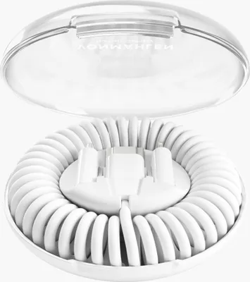A white charging and data cable coiled within its white base, with a clear plastic lid open above it.