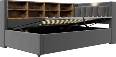 Produktbild von okwish Tagesbett 90×200 mit Nachtlicht und Bettkasten, Polsterbett mit USB und Typ-C, Kinderbett mit Staufächern,Dunkelgrau,ohne Matratze